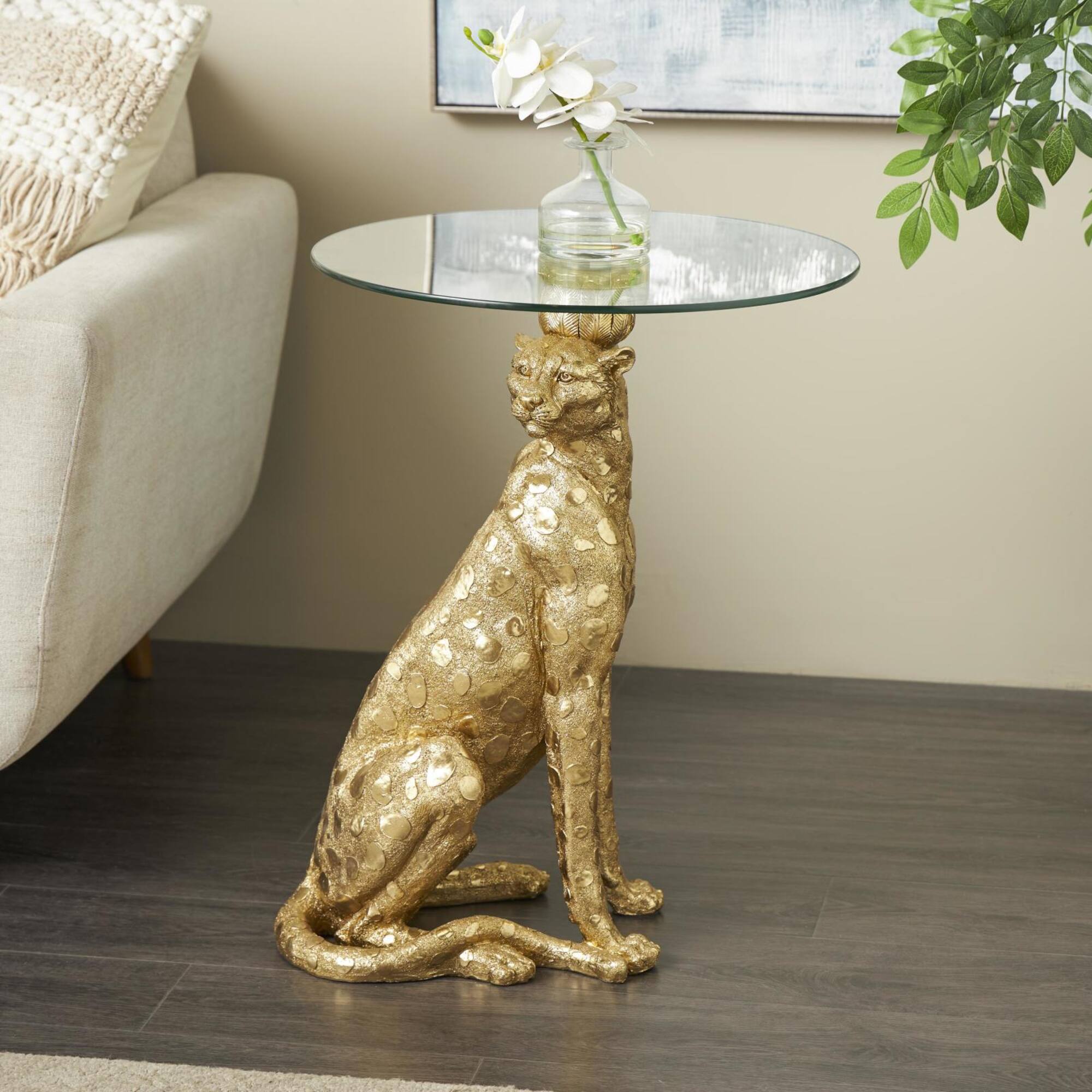 21" x 25" Gold Resin Leopard Sitting Metallic Accent Table with Round Glass Tabletop